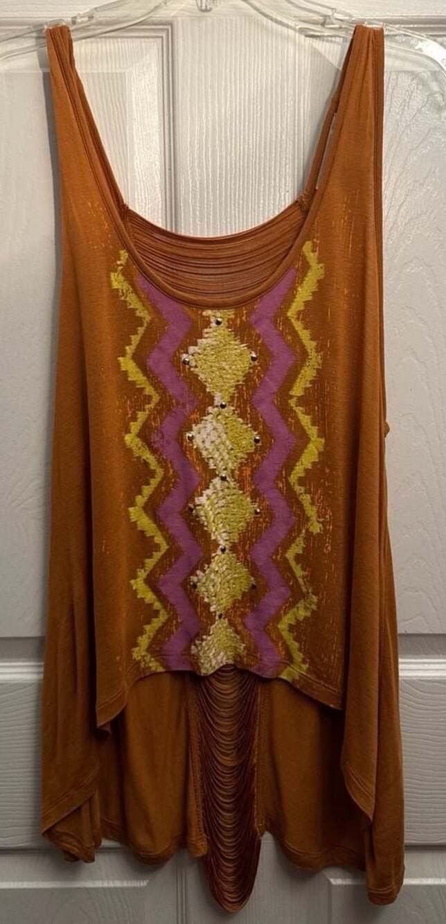 Decree Women's XL Burnt Orange Graphic Tank Top with Shredded Back